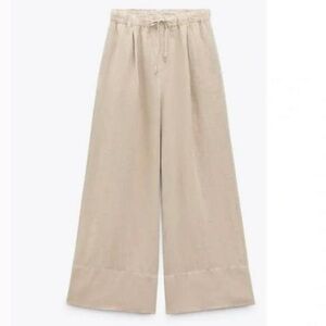 ZARA LINEN PALAZZO Wide Leg PANTS in Sand / Neutral Size Medium 2023